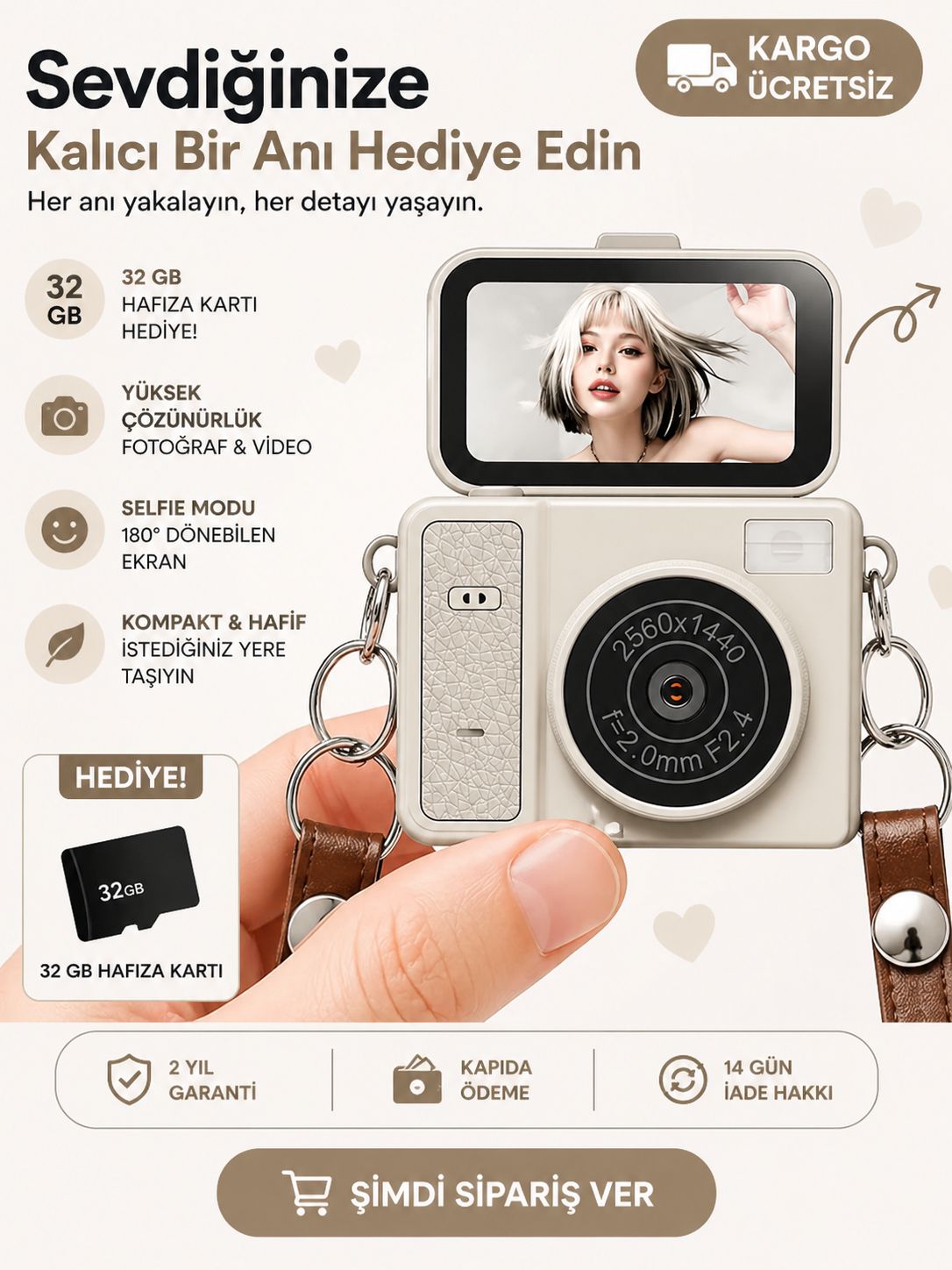 Mini Dijital Fotoğraf Makinesi Flip Life Video Foto Kamera 2K+48MP