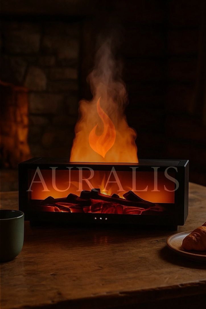AURALIS Alev Efektli Aroma Difüzör – Esans Yağı Dahil, 7 Işık Modu, SİYAH