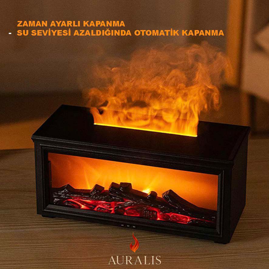 AURALIS Alev Efektli Aroma Difüzör – Esans Yağı Dahil, 7 Işık Modu, SİYAH
