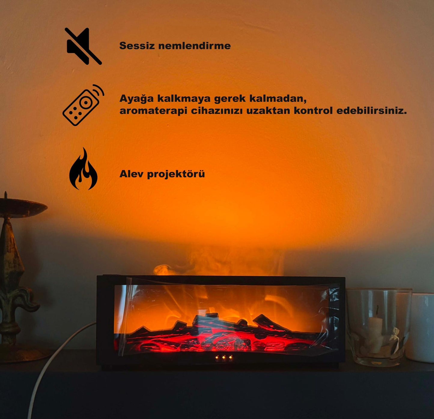 AURALIS Alev Efektli Aroma Difüzör – Esans Yağı Dahil, 7 Işık Modu, SİYAH