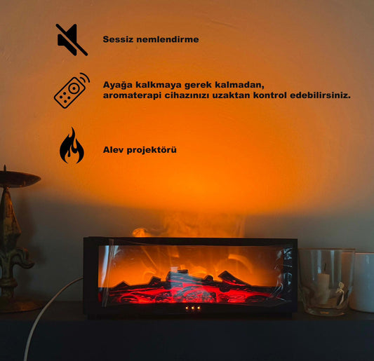 AURALIS Alev Efektli Aroma Difüzör – Esans Yağı Dahil, 7 Işık Modu, SİYAH